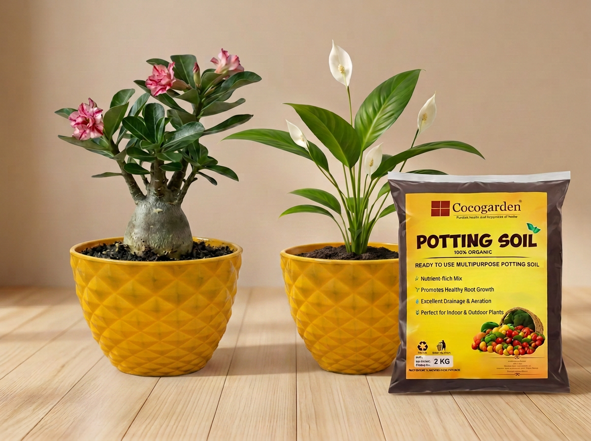 Beginner combo — Adenium and Peace Lily plants with premium pots and potting soil