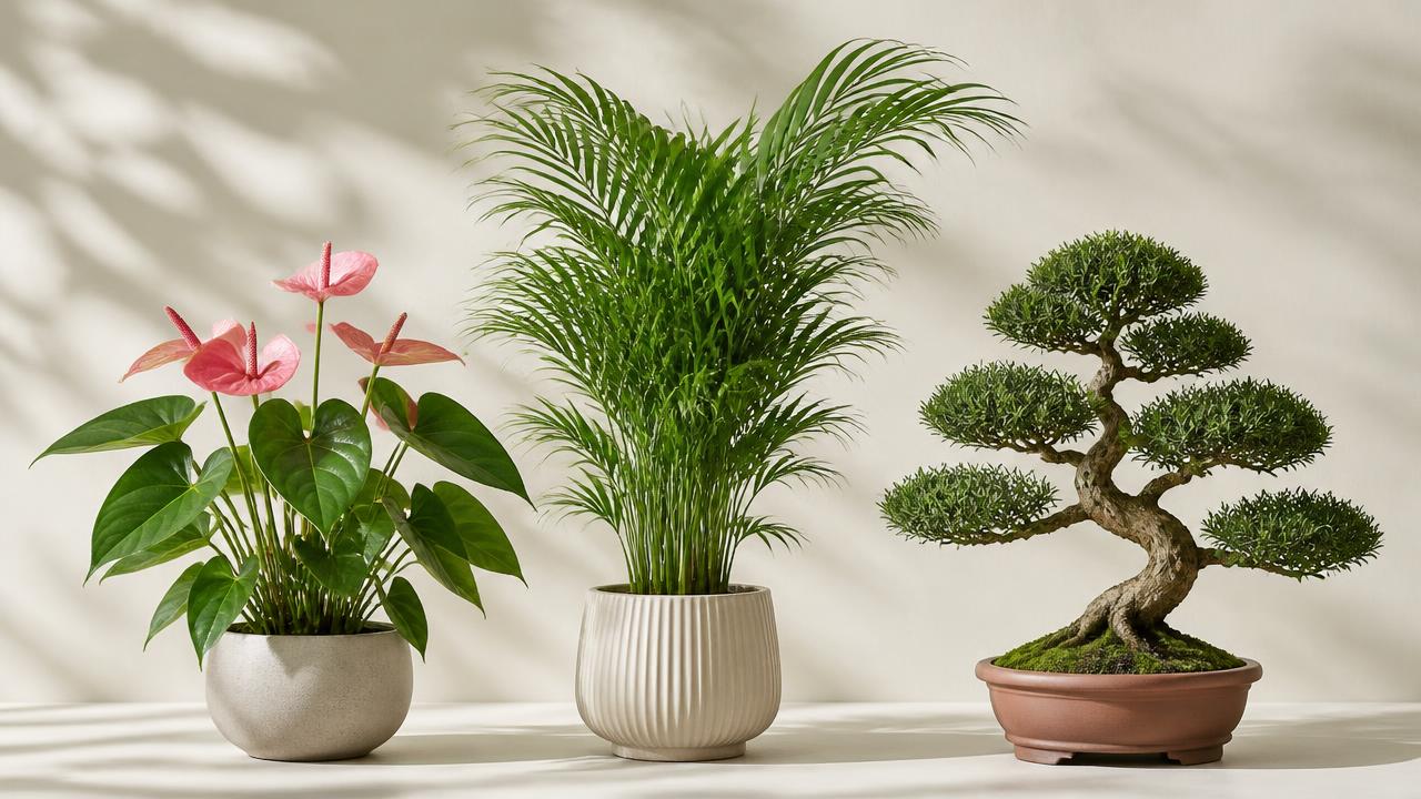 Anthurium, areca palm and bonsai in premium ceramic pots